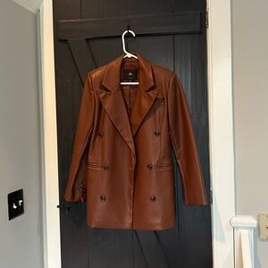 7 For All Mankind Vegan Faux Leather Double Breasted Blazer in Cognac Brown